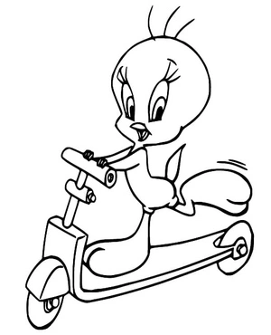 Tweety Bird riding a scooter Coloring Page