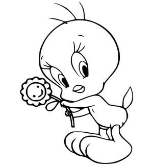 Tweety Bird with a Flower Coloring Page