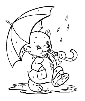 Color By Number: Bear with Umbrella Coloring Page