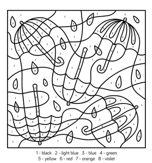 Color By Number Five Umbrellas Coloring Page