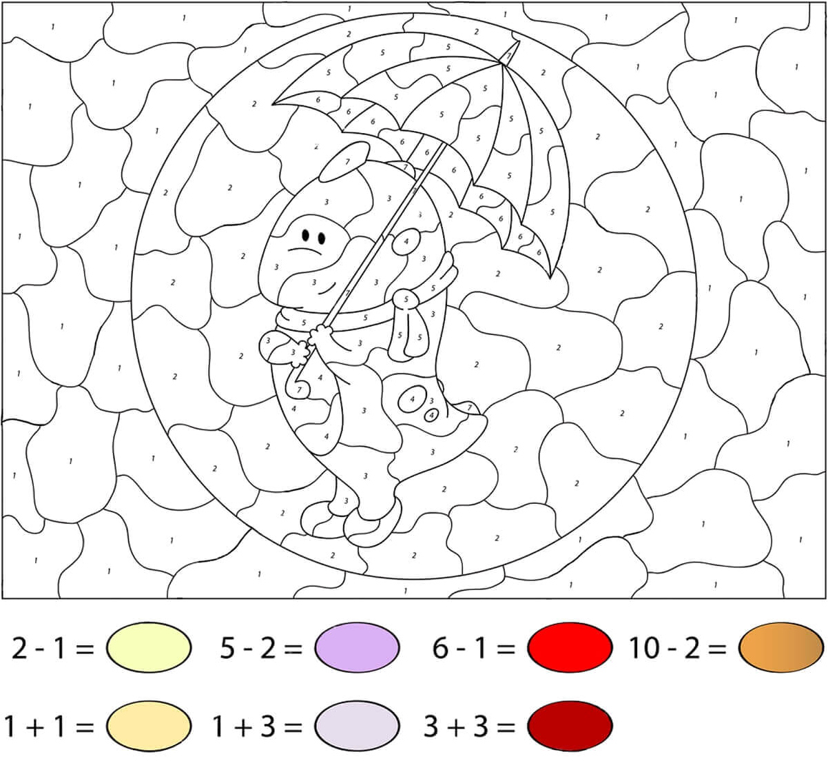Color By Number Page with Cartoon Characters Holding Umbrella Coloring Page