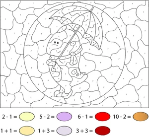 Color By Number Page with Cartoon Characters Holding Umbrella Coloring Page