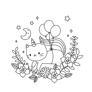 Cat Unicorn with Balloons Coloring Page