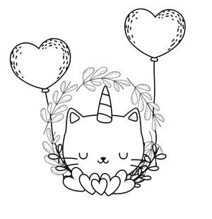 Unicorn Cat with Heart Balloons - Coloring Page Coloring Page