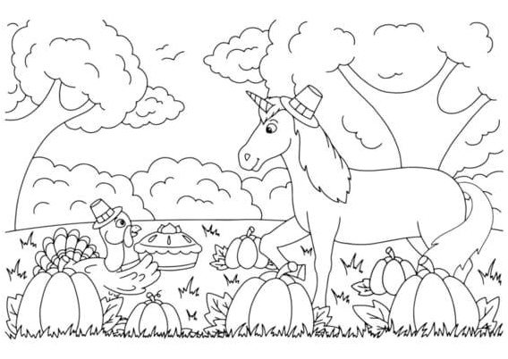 Unicorn and Turkey Coloring Page Coloring Page
