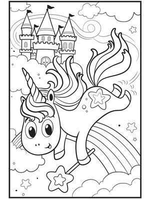 Unicorn Soaring from the Heavenly Clouds Coloring Page