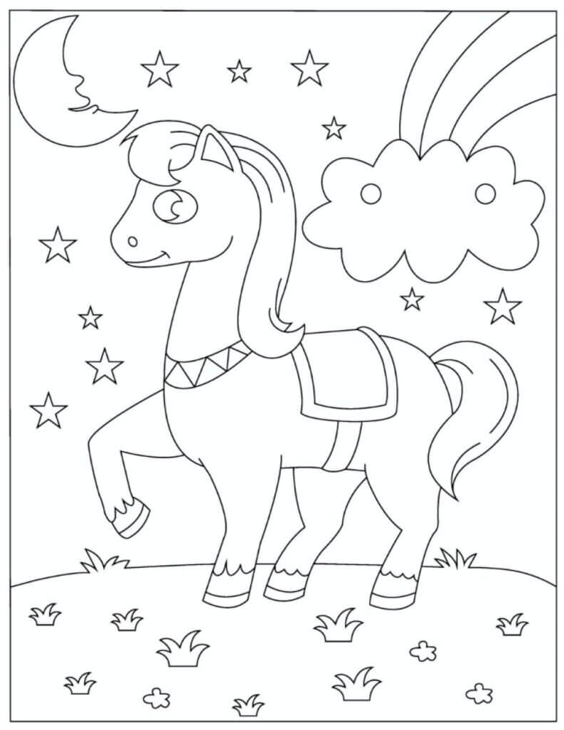 Unicorn Strolling Through the Night Coloring Page