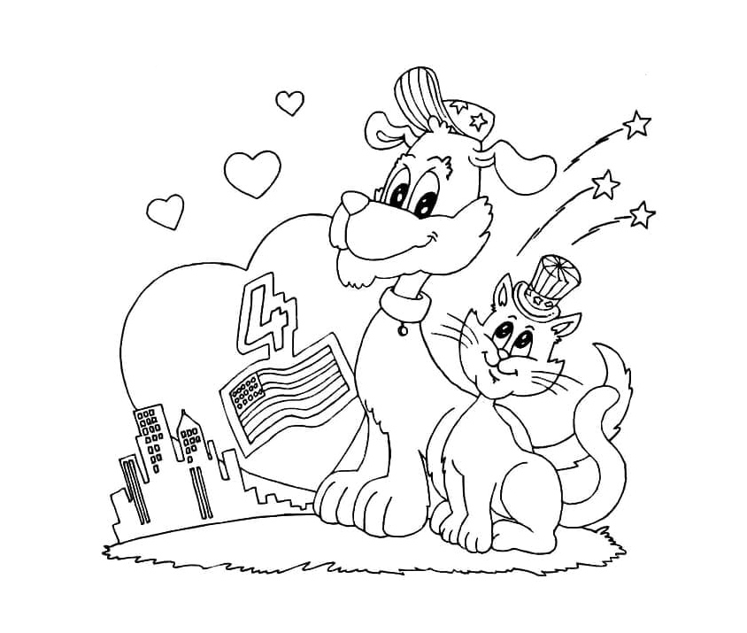 Dog and Cat Celebrating the 4th of July Coloring Page