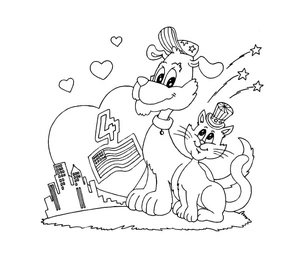 Dog and Cat Celebrating the 4th of July Coloring Page