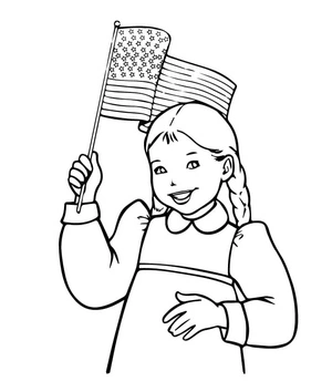 Little Girl with Flag Celebrating the 4th of July Coloring Page