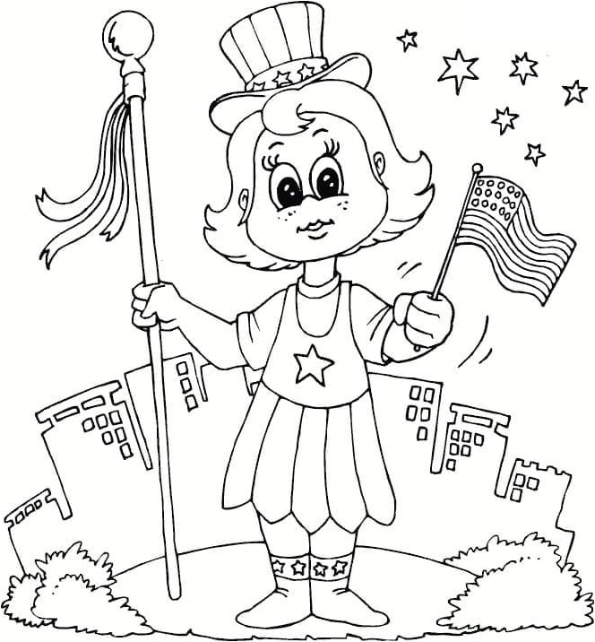 Patriotic Girl Celebrating the 4th of July Coloring Page