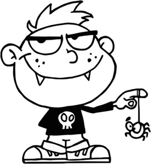 A small vampire is having fun with a spider. Coloring Page
