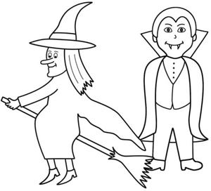 A Witch on a Broomstick and a Vampire Coloring Page