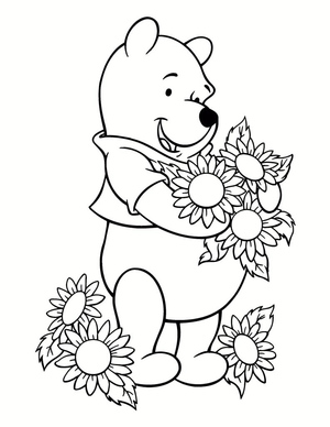 Winnie the Pooh surrounded by colorful flowers