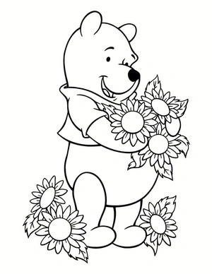 Winnie the Pooh surrounded by colorful flowers Coloring Page