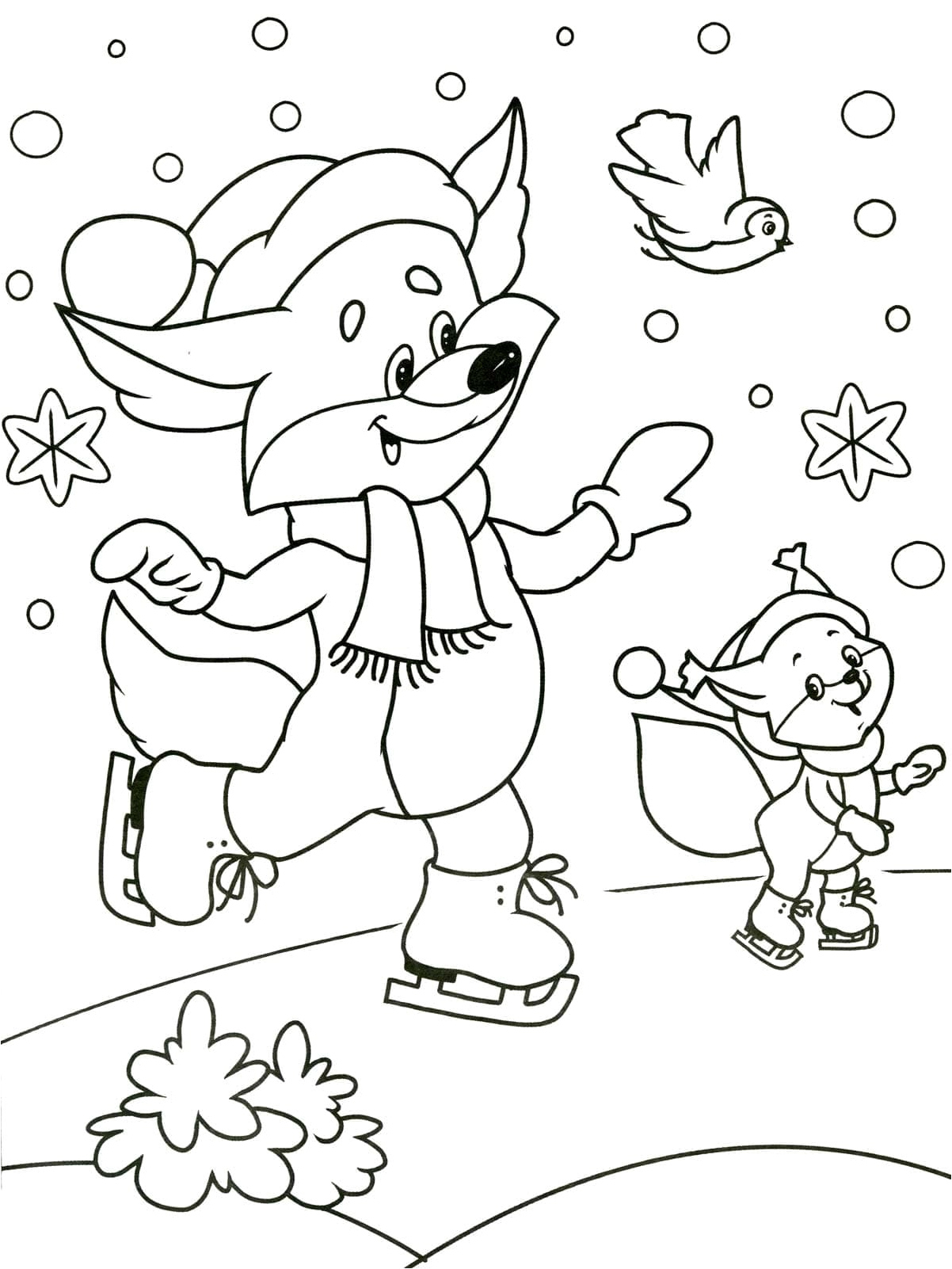 Foxes in Winter Coloring Page