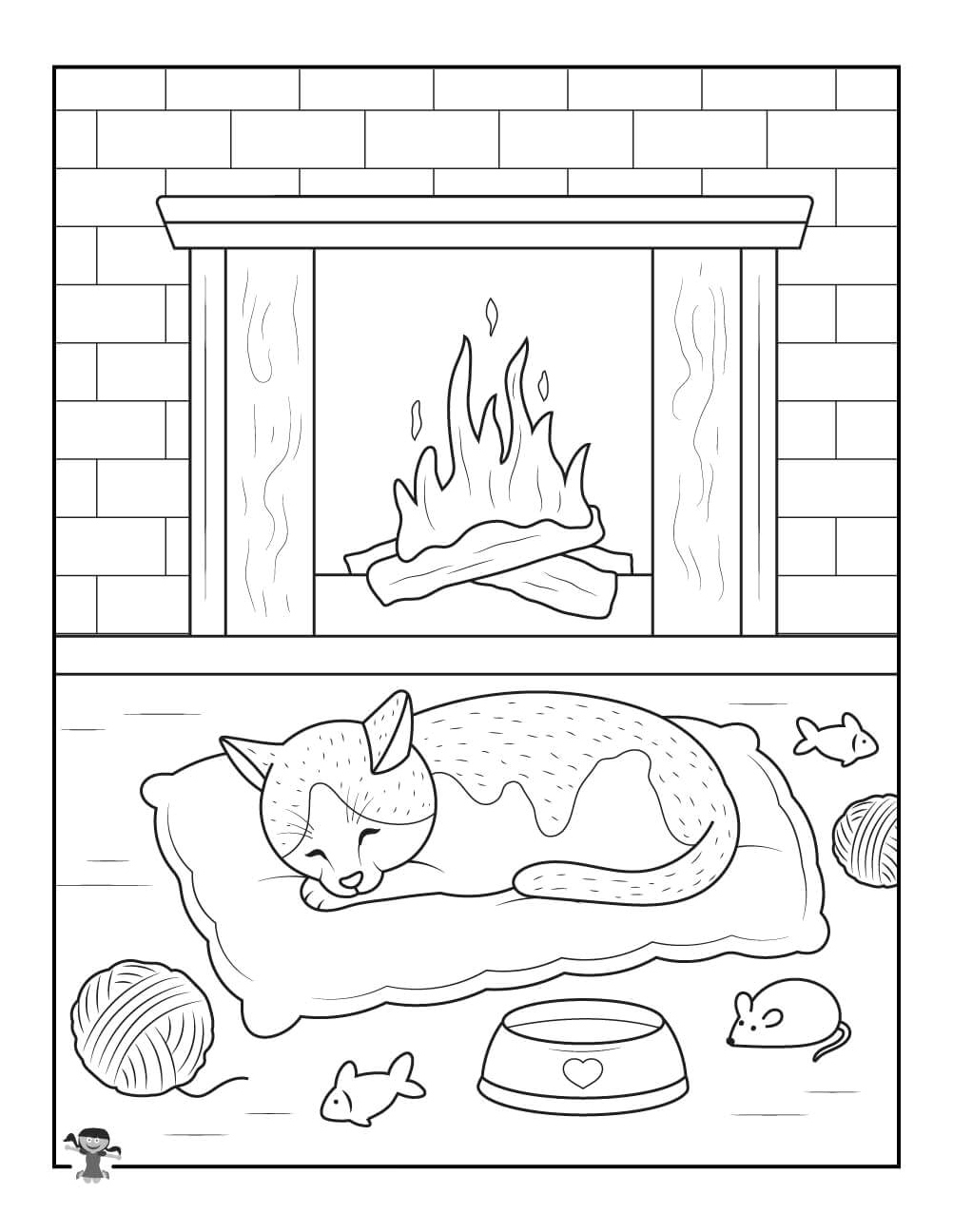 Sleeping Cat in Winter Coloring Page