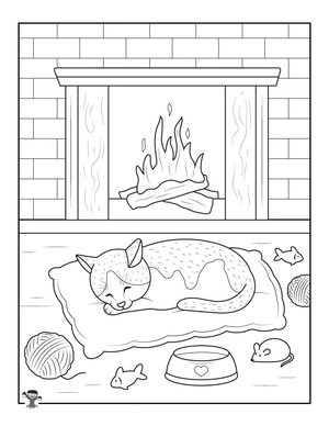 Sleeping Cat in Winter Coloring Page