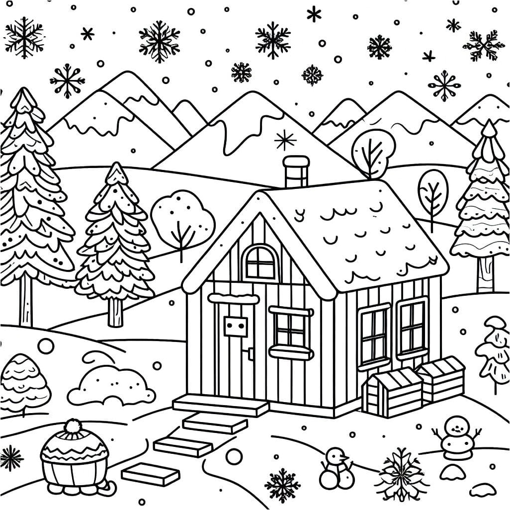 Winter Cottage Coloring Page
