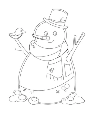 Winter Scene: Snowman and Bird Coloring Page