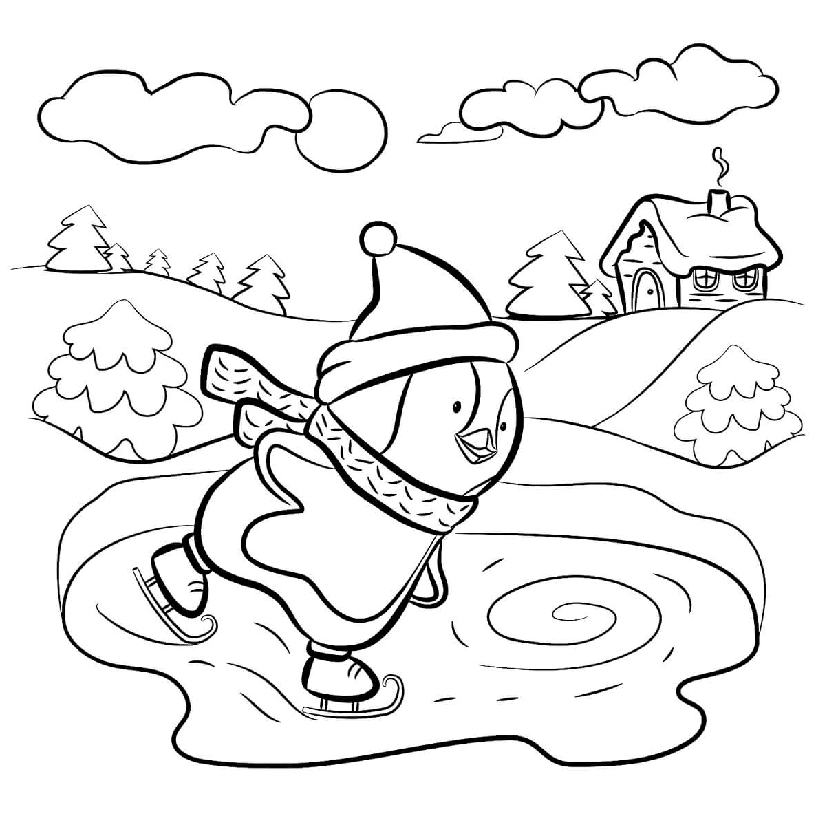 Winter Skating Penguin Coloring Page