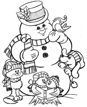 Winter Snowman with Animals Coloring Page