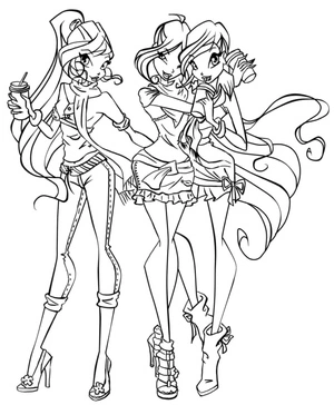 Winx Club Coloring Page: Bloom, Stella, and Musa Coloring Page