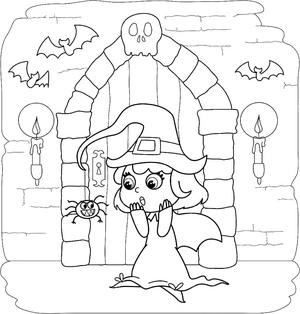 Adorable Witch and Spider Coloring Page