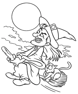 Witch and Cat Riding on Broom Coloring Page