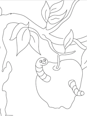 Apple Tree with Worm Coloring Page